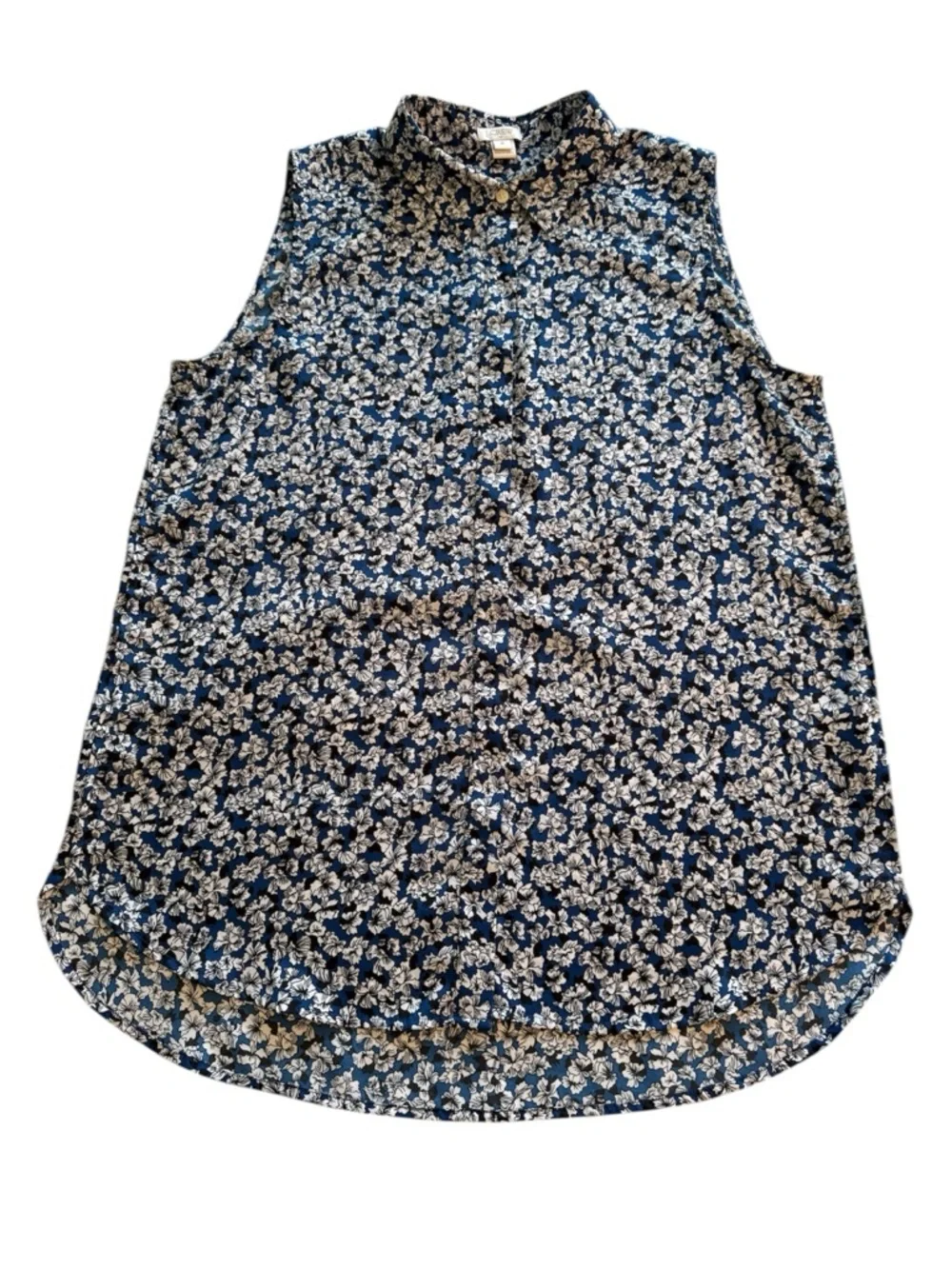 J. Crew Navy and White Sleeveless Floral Button-Down Shirt Size 8